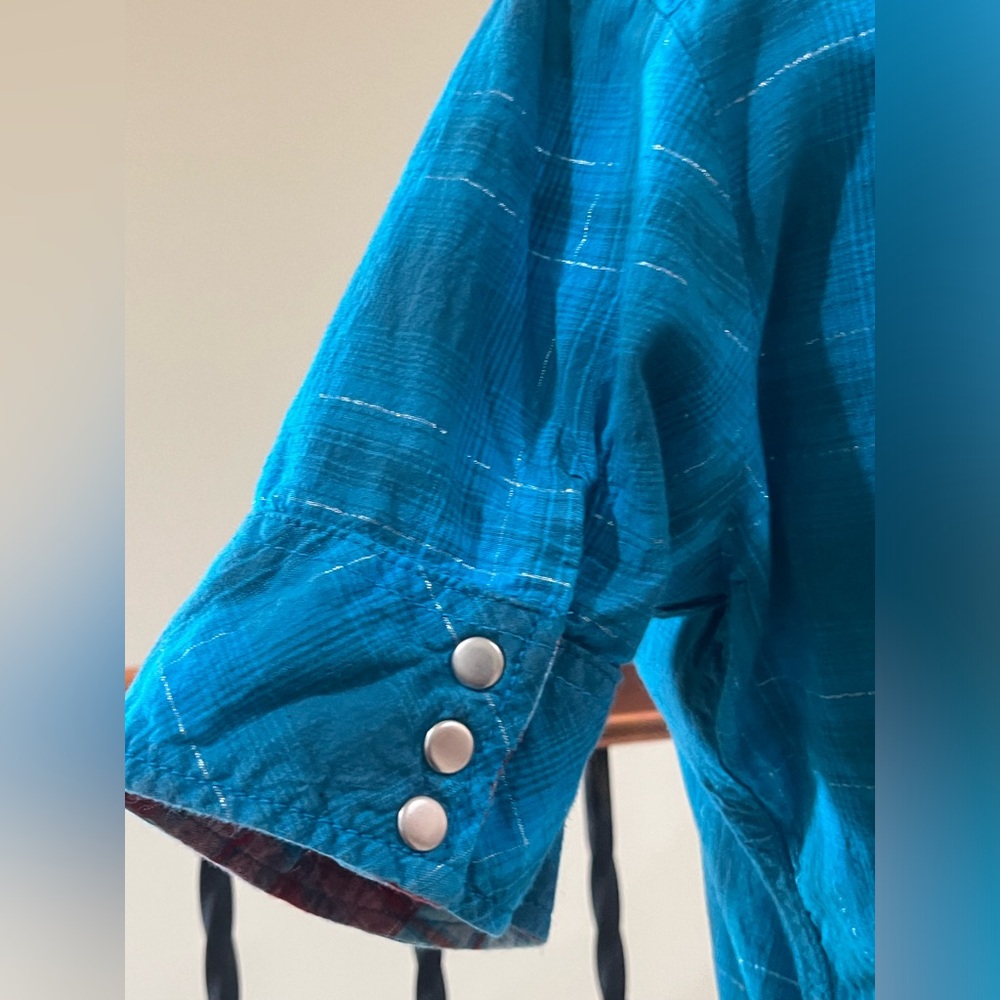 PANHANDLE SLIM Turquoise SHORT SLEEVE Plaid Snap-Front Western Shirt GIRL SIZE M - Picture 8 of 11